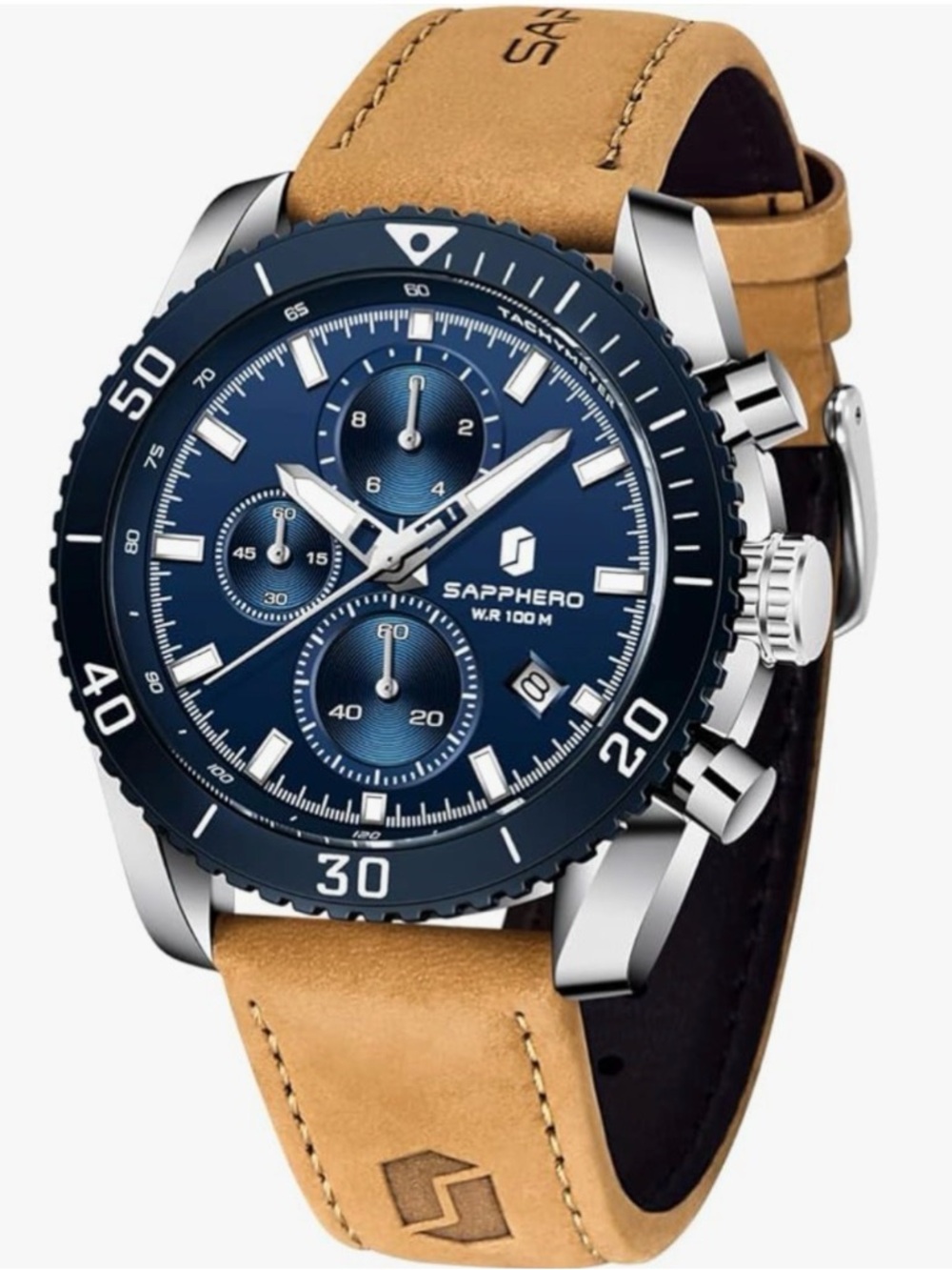 Blue Dial Chronograph Men's Watch with Tan Leather Strap